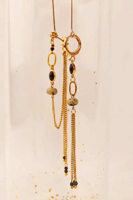 Stay Gold Asymmetrical statement Dalmatian Jasper & Onyx earrings