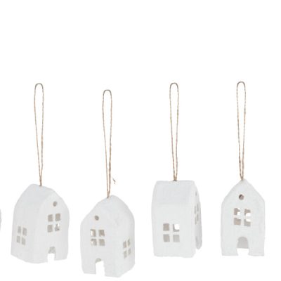 J-line doos van 6 huisjes hangers katoen mache wit