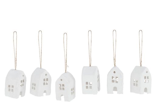 J-line doos van 6 huisjes hangers katoen mache wit